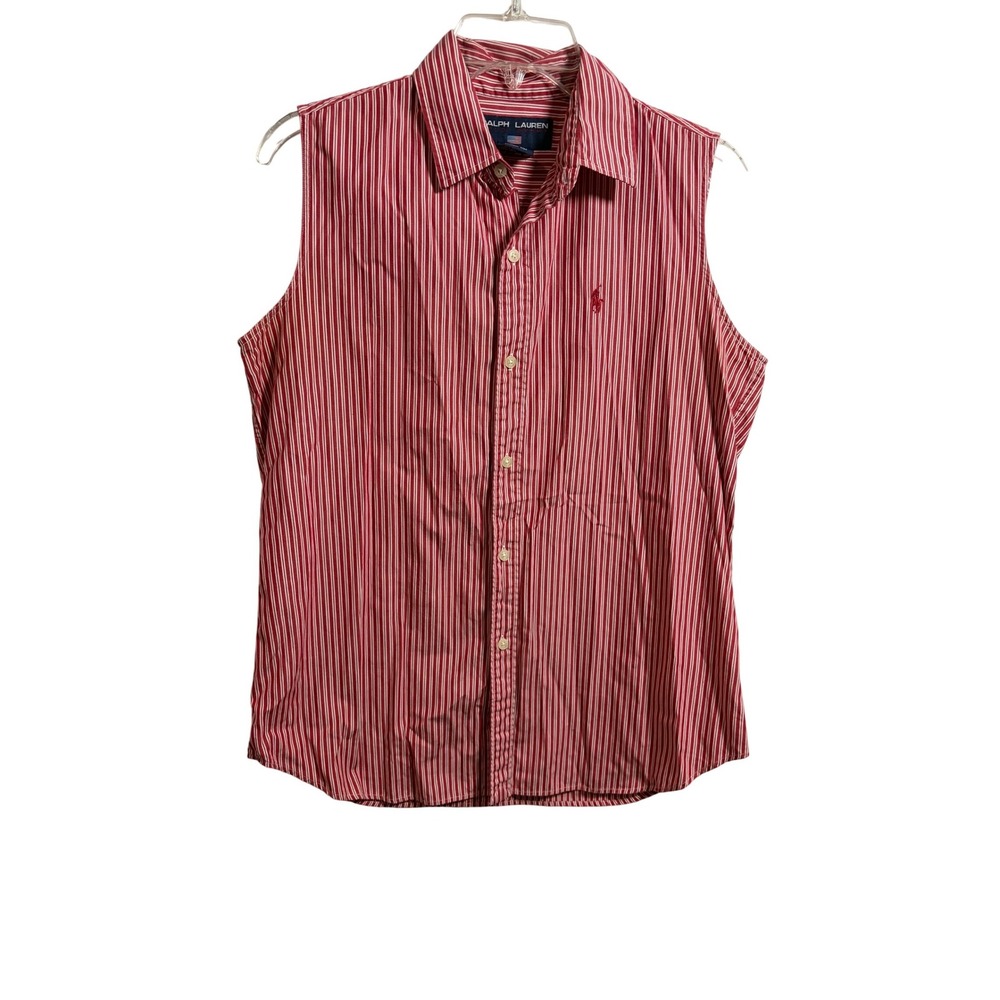 Polo by Ralph Lauren Red and White Striped Sleeveless Button-Down Shirt